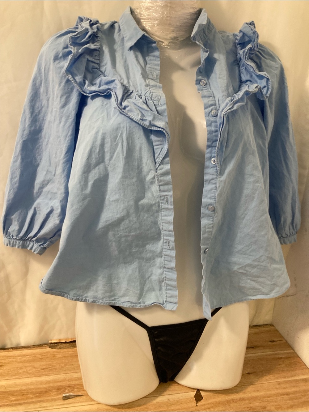 Zara Light Blue Ruffle Button-Up Blouse Size 8